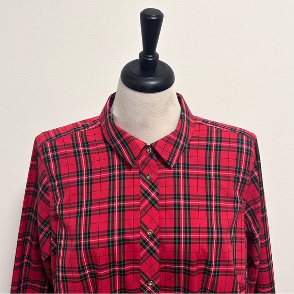 Talbots Plus Red Green Black Yuletide Tartan Plaid Button Up Non Iron Top 14W - Picture 2 of 9